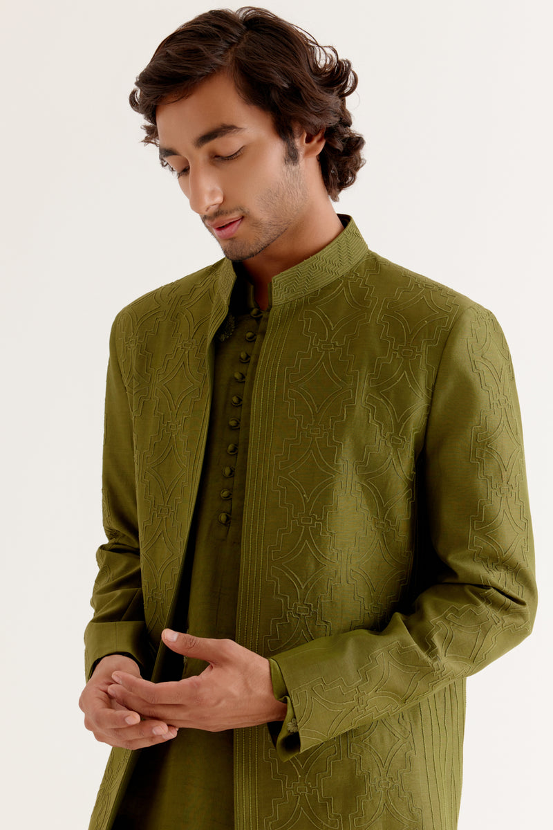 Olive Green Dori Embroidered Kurta and Jacket Set