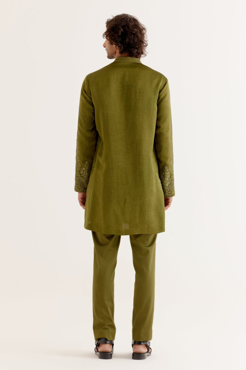 Olive Green Front-Open Dori Embroidered Kurta Set