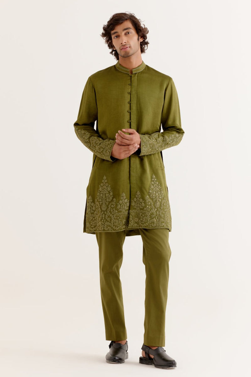 Olive Green Front-Open Dori Embroidered Kurta Set