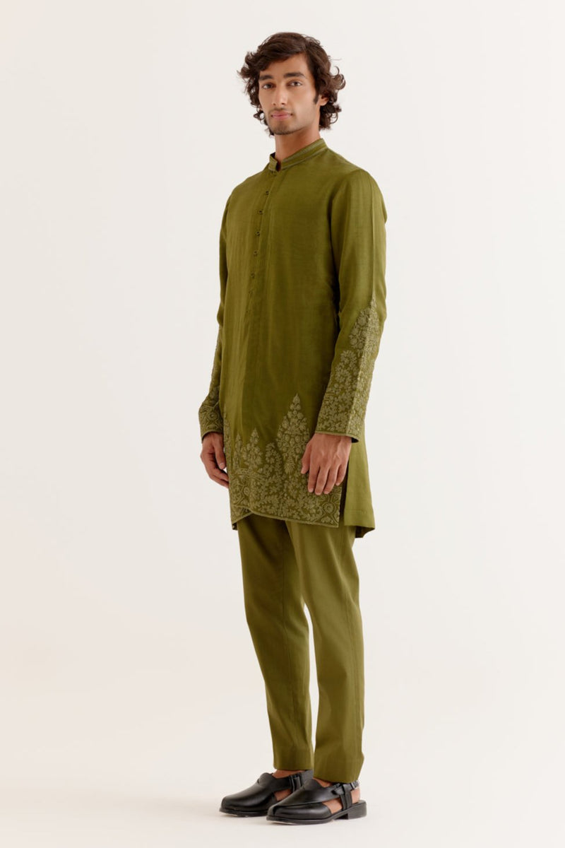 Olive Green Front-Open Dori Embroidered Kurta Set