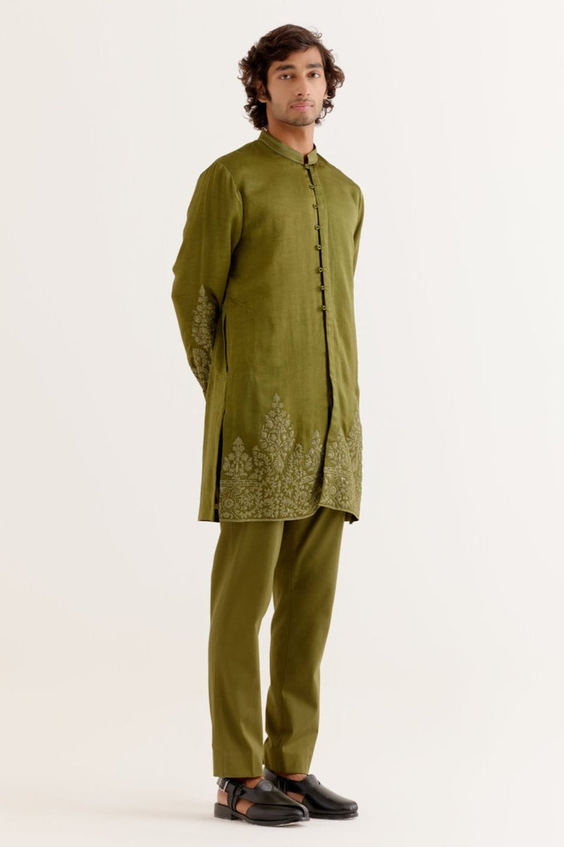 Olive Green Front-Open Dori Embroidered Kurta Set