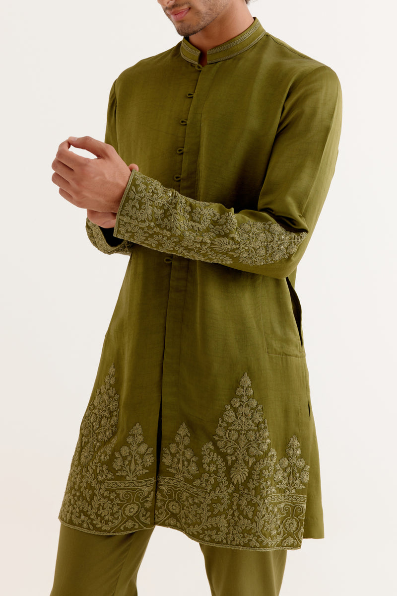 Olive Green Front-Open Dori Embroidered Kurta Set