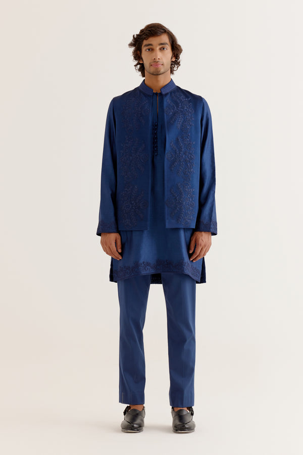 Royal Blue Dori Embroidered Kurta and Bundi Set