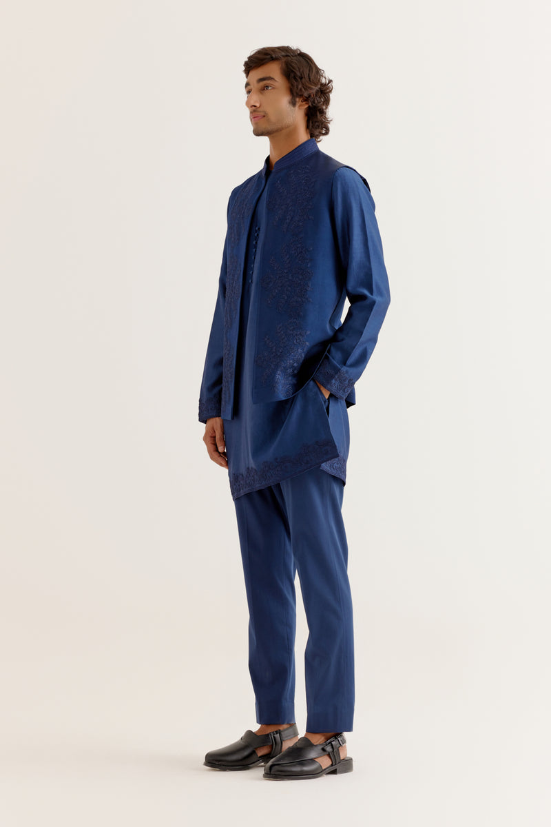 Royal Blue Dori Embroidered Kurta and Bundi Set