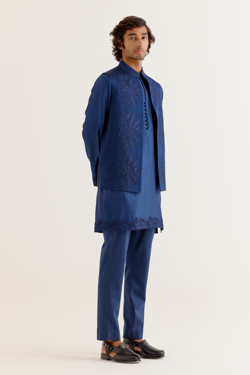 Royal Blue Dori Embroidered Kurta and Bundi Set