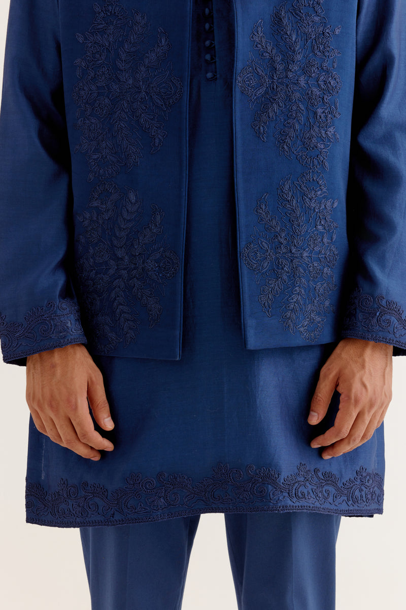 Royal Blue Dori Embroidered Kurta and Bundi Set