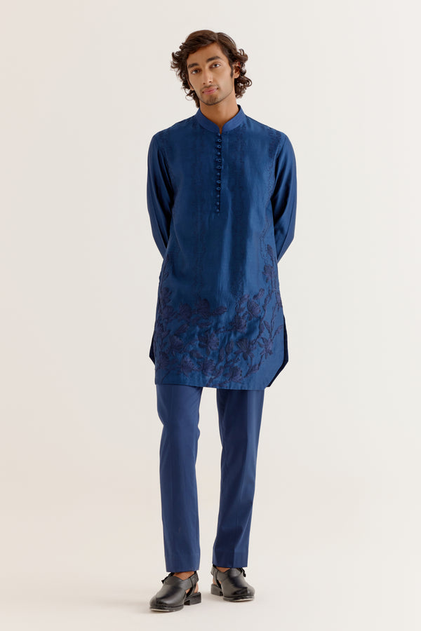 Royal Blue Floral Embroidered Chanderi Short Kurta Set