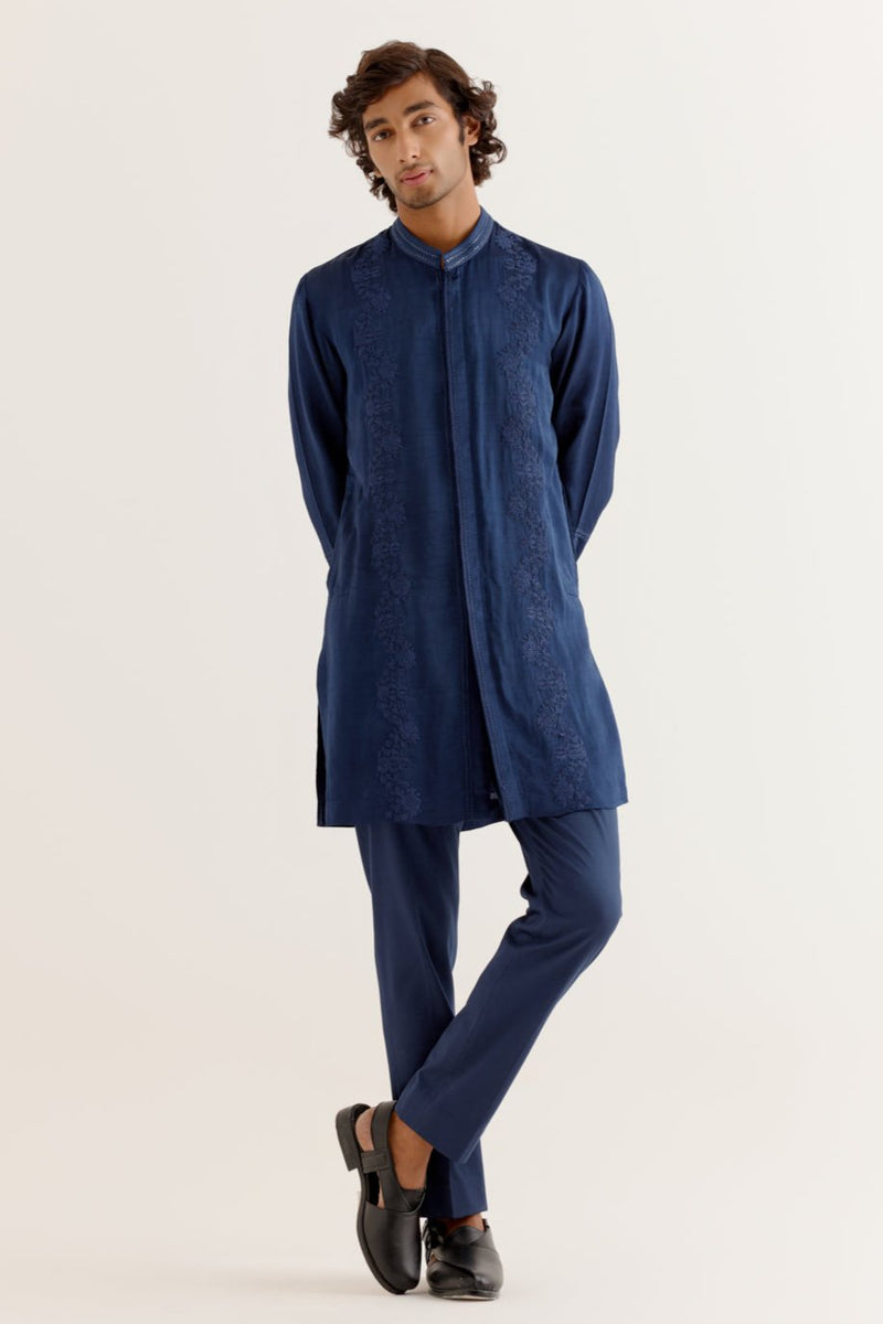 Royal Blue Silk Satin Front-Open Kurta Set