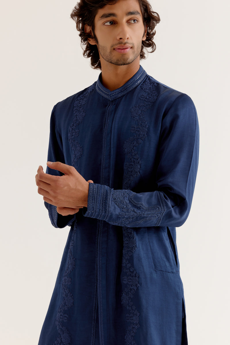 Royal Blue Silk Satin Front-Open Kurta Set