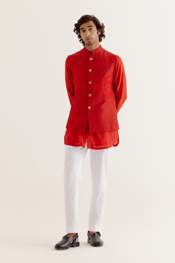 Red Kurta with Embroidered Bundi Set