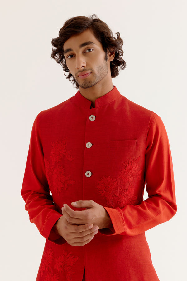 Red Kurta with Embroidered Bundi Set