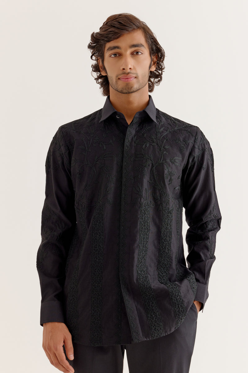 Black Embroidered Silk Chanderi Shirt