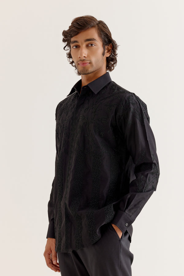 Black Embroidered Silk Chanderi Shirt