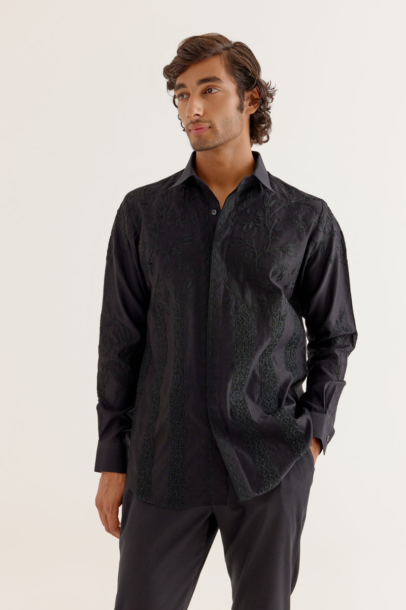 Black Embroidered Silk Chanderi Shirt