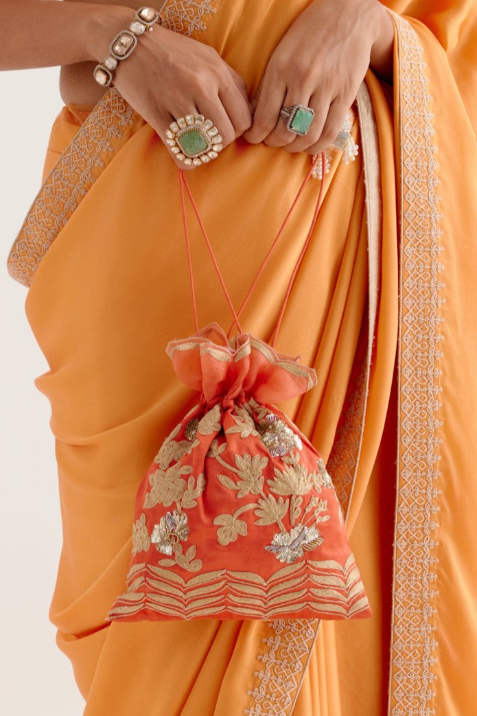 Orange Embroidered Gajji Silk Potli