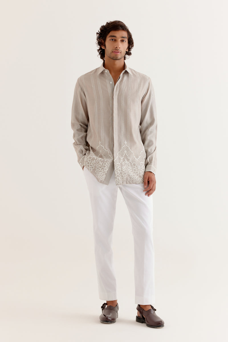 Grey Embroidered Silk Chanderi Shirt