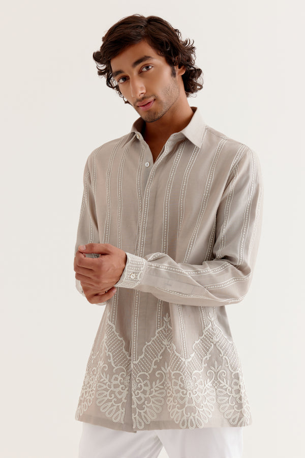 Grey Embroidered Silk Chanderi Shirt