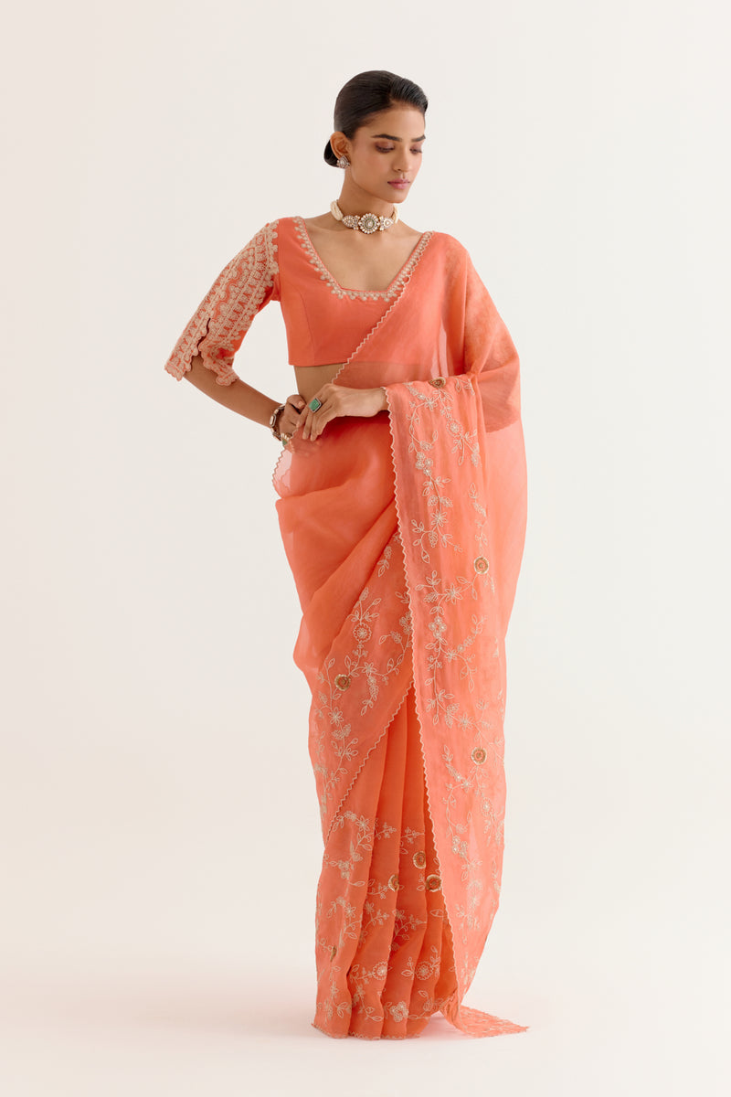 Coral Embroidered Organza Saree