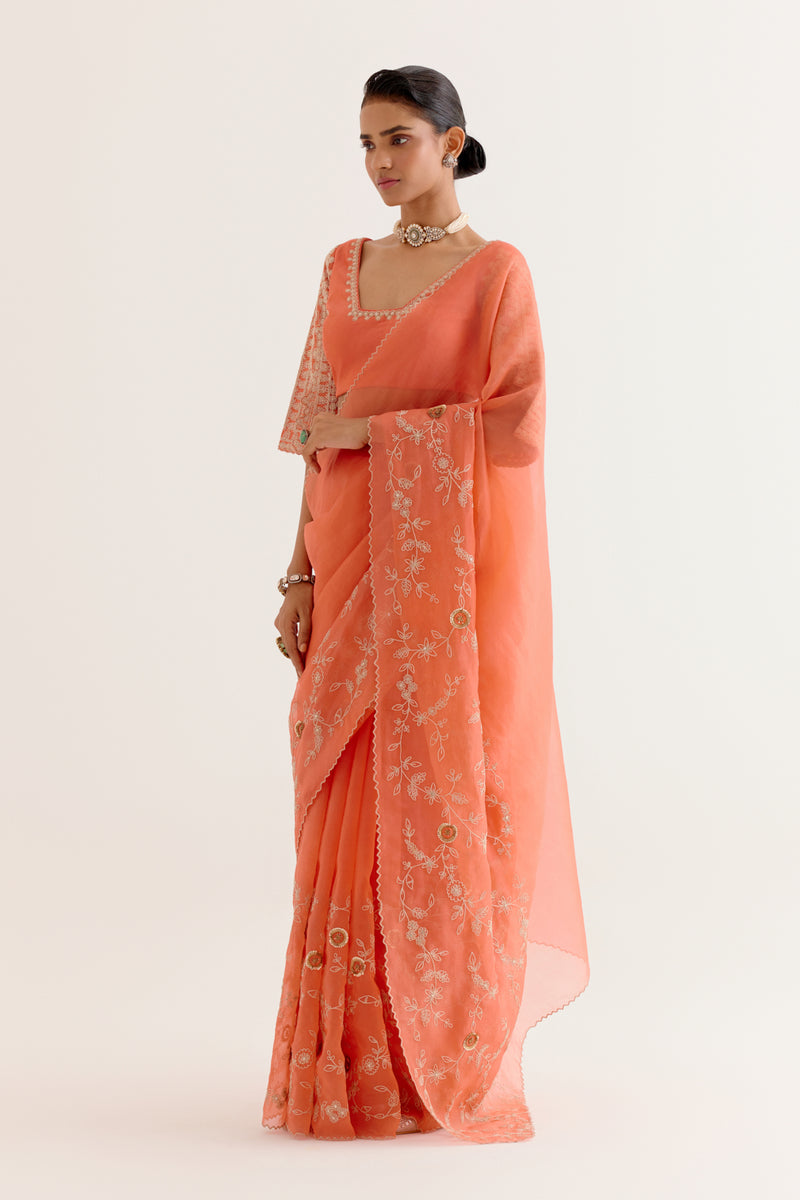 Coral Embroidered Organza Saree