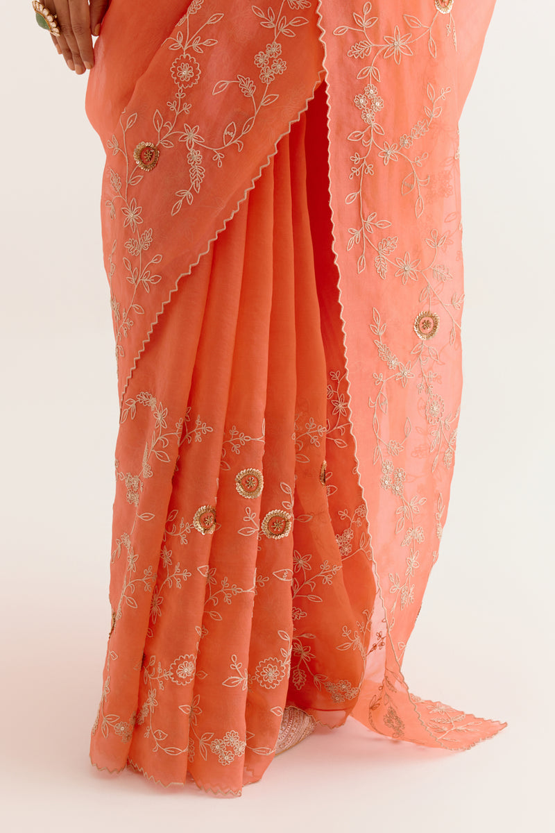 Coral Embroidered Organza Saree