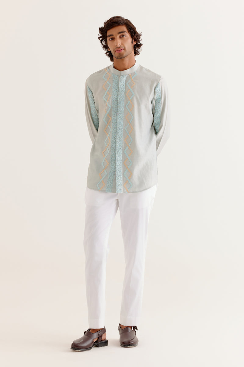 Ice Blue Embroidered Silk Chanderi Shirt