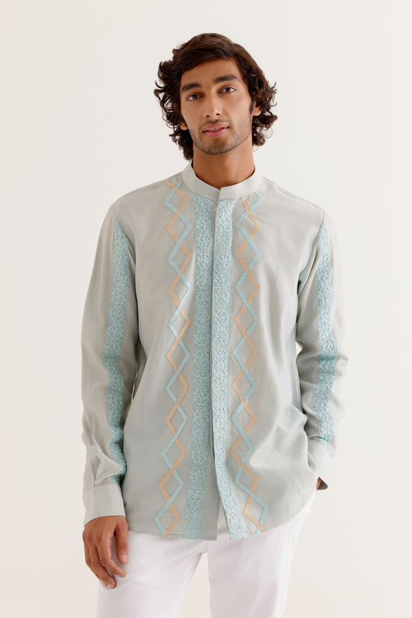 Ice Blue Embroidered Silk Chanderi Shirt