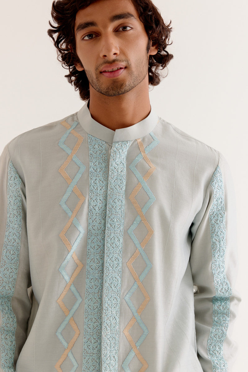 Ice Blue Embroidered Silk Chanderi Shirt