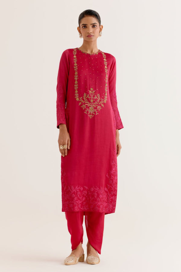 Fuchsia Pink Dori and Sequins Embroidered Kurta and Dhoti Set