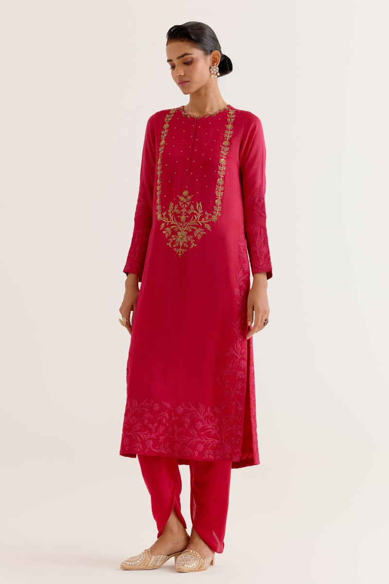 Fuchsia Pink Dori and Sequins Embroidered Kurta and Dhoti Set