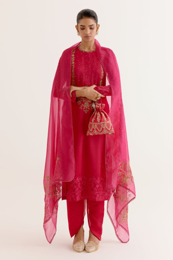 Fuchsia Pink Dori and Sequins Embroidered Kurta and Dhoti Set