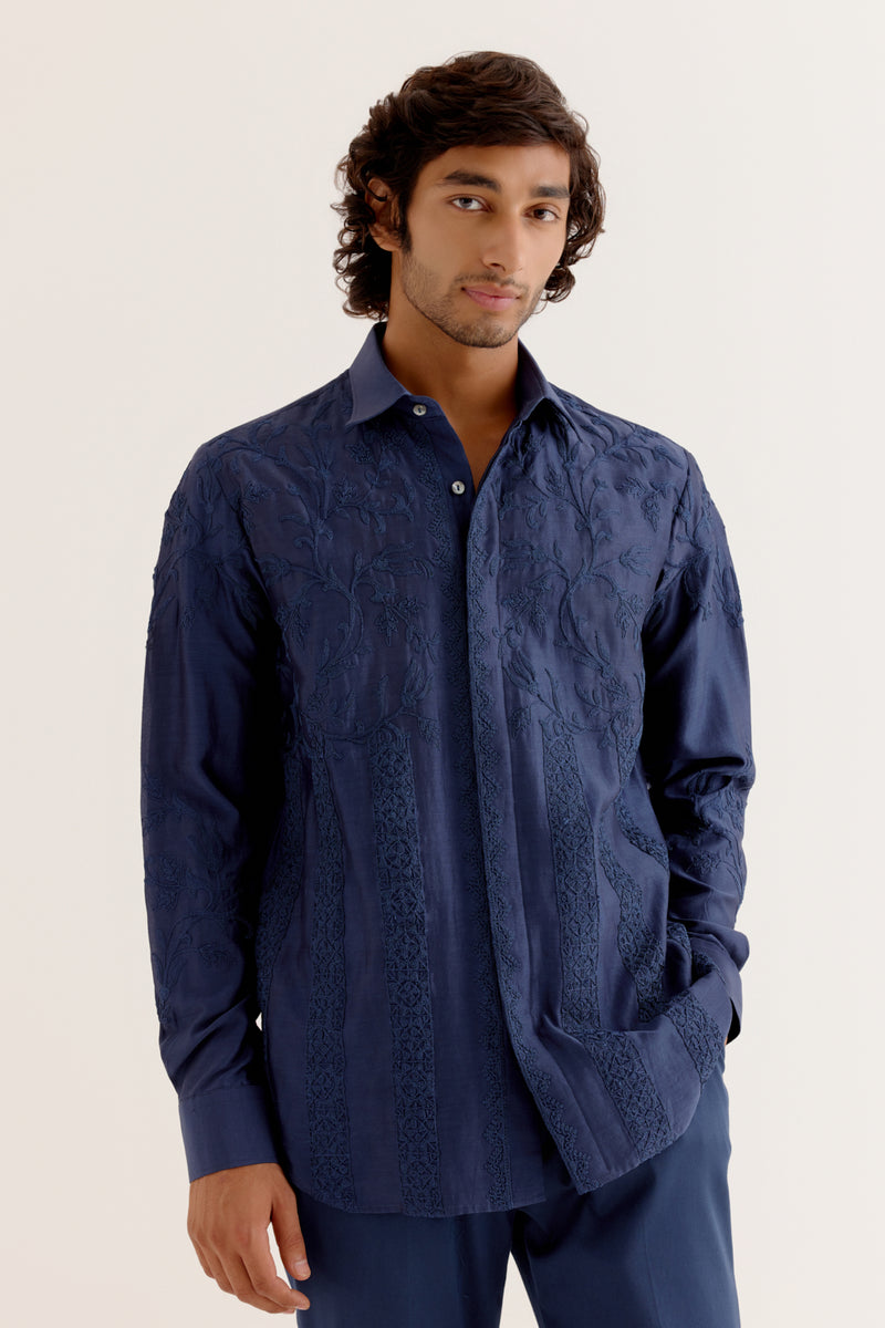 Deep Blue Embroidered Silk Chanderi Shirt