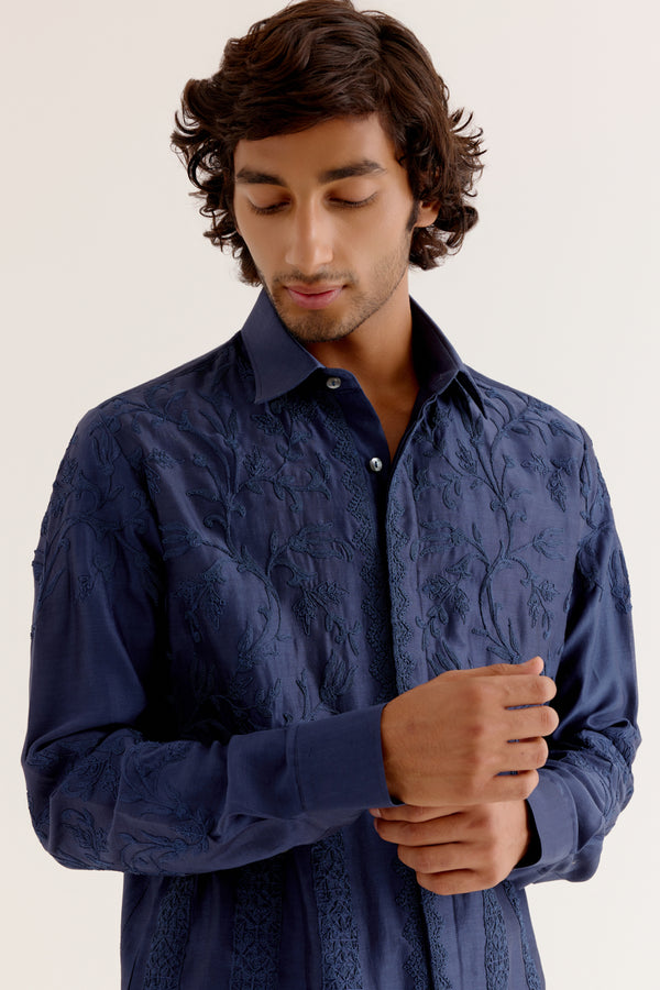 Deep Blue Embroidered Silk Chanderi Shirt