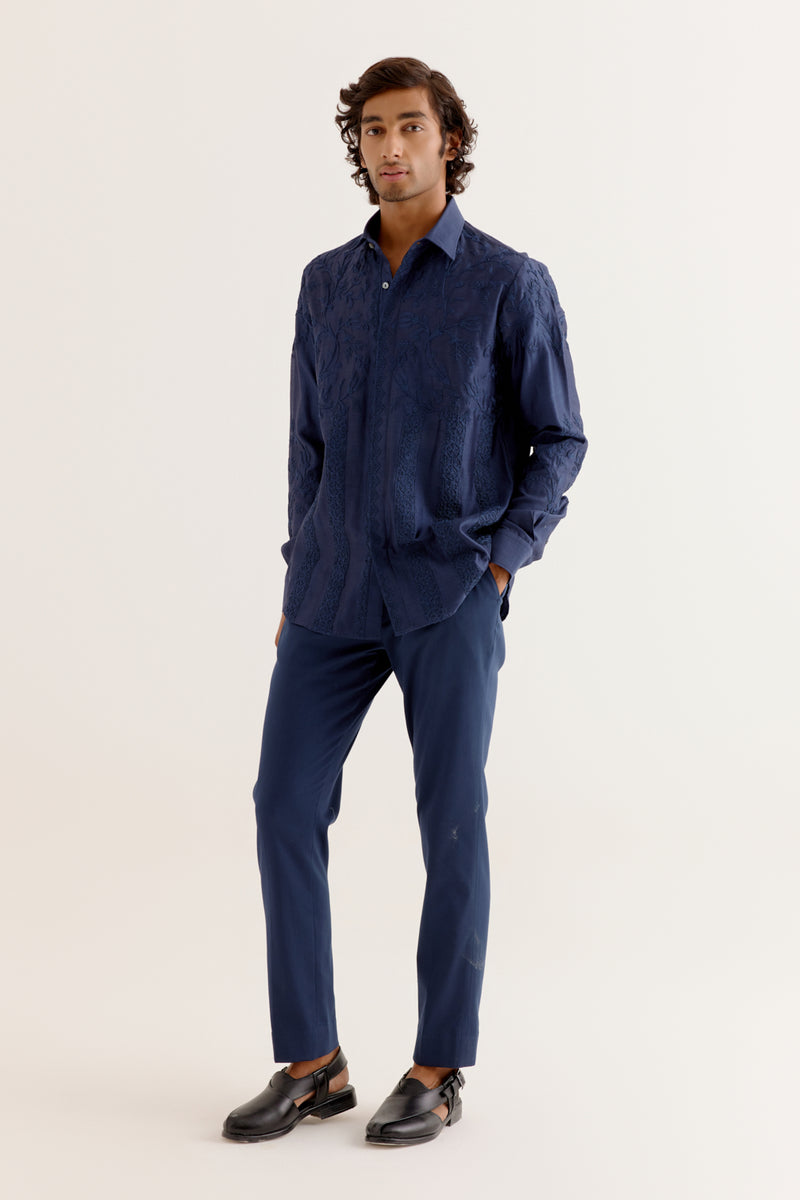 Deep Blue Embroidered Silk Chanderi Shirt