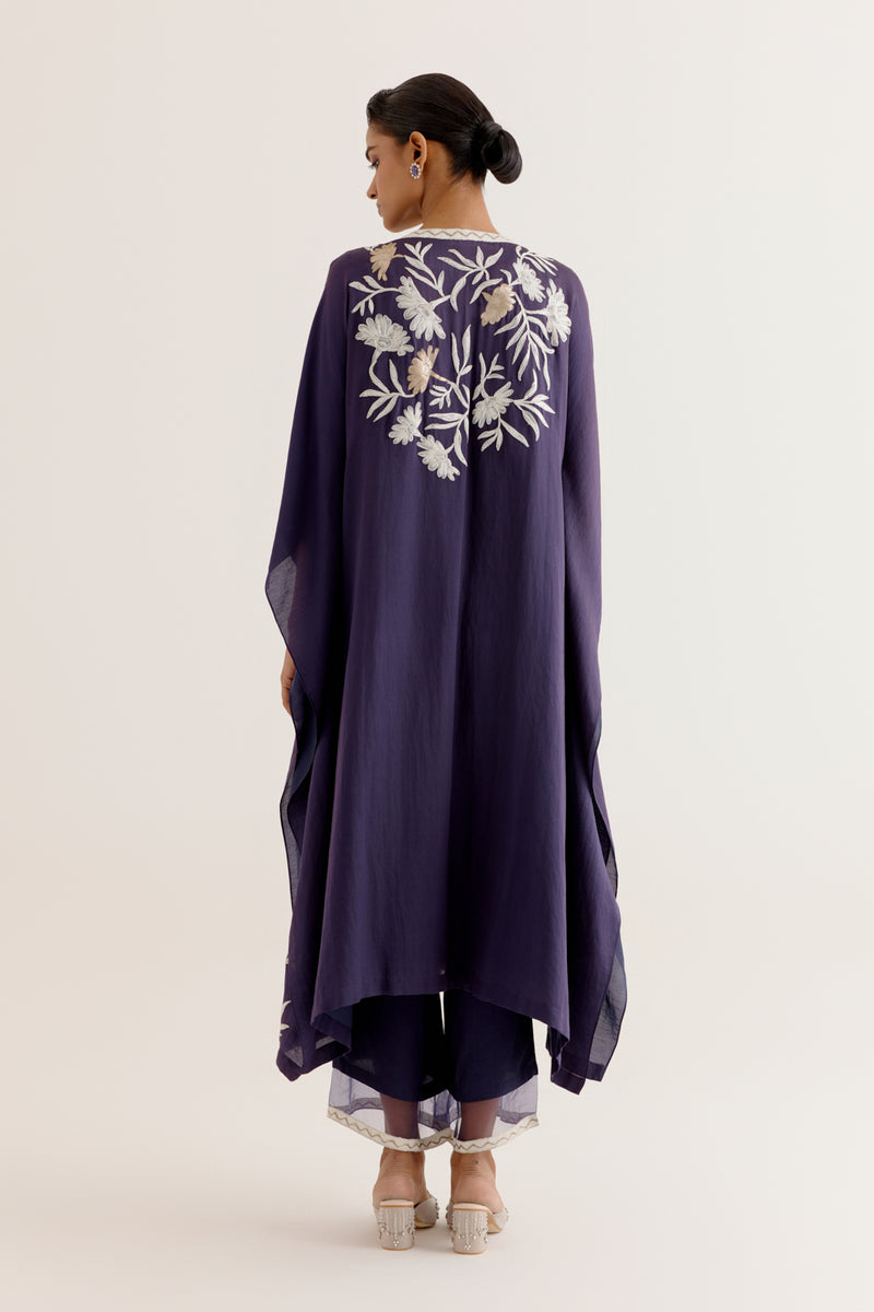 Navy Blue Embroidered Cotton Silk Satin Kaftan Set