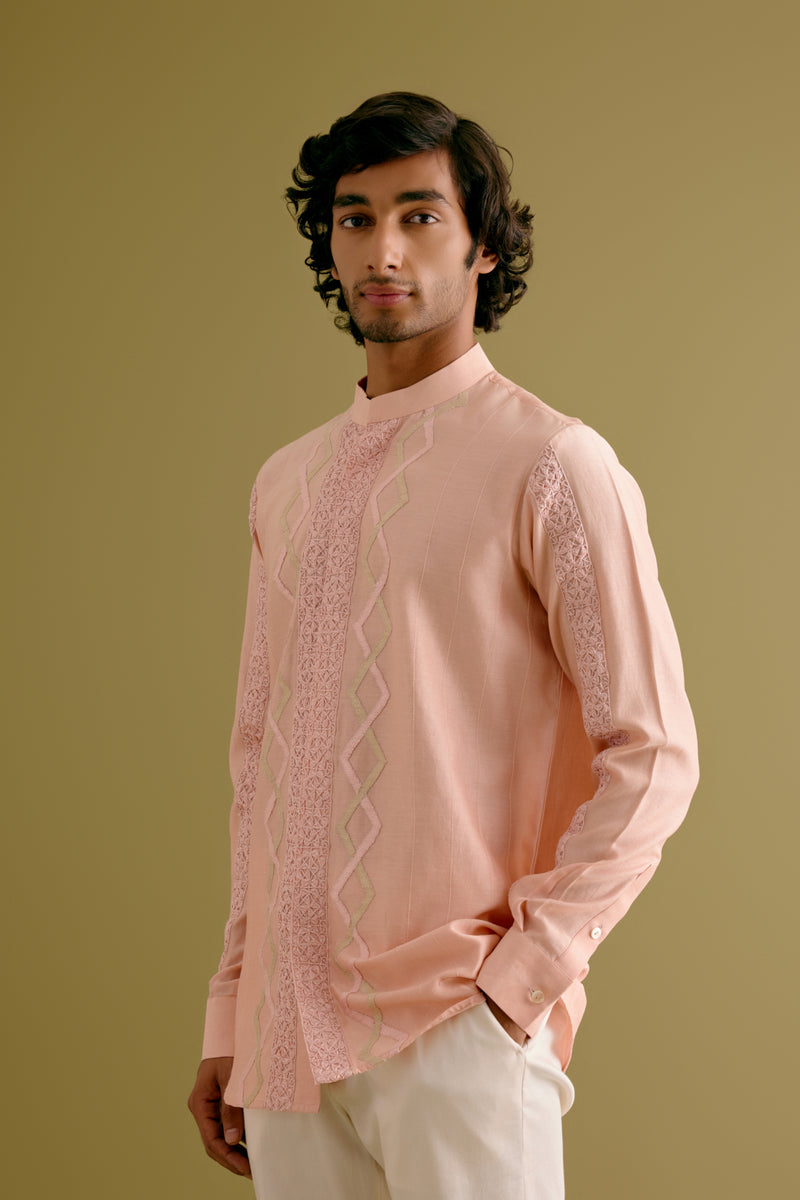 Blush Pink Embroidered Silk Chanderi Shirt