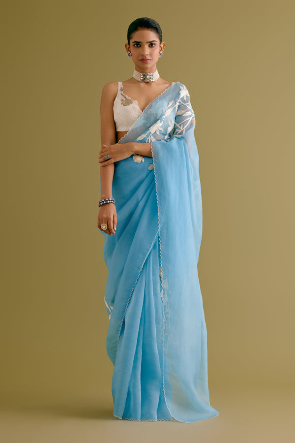 Sky Blue Embroidered Silk Organza Saree