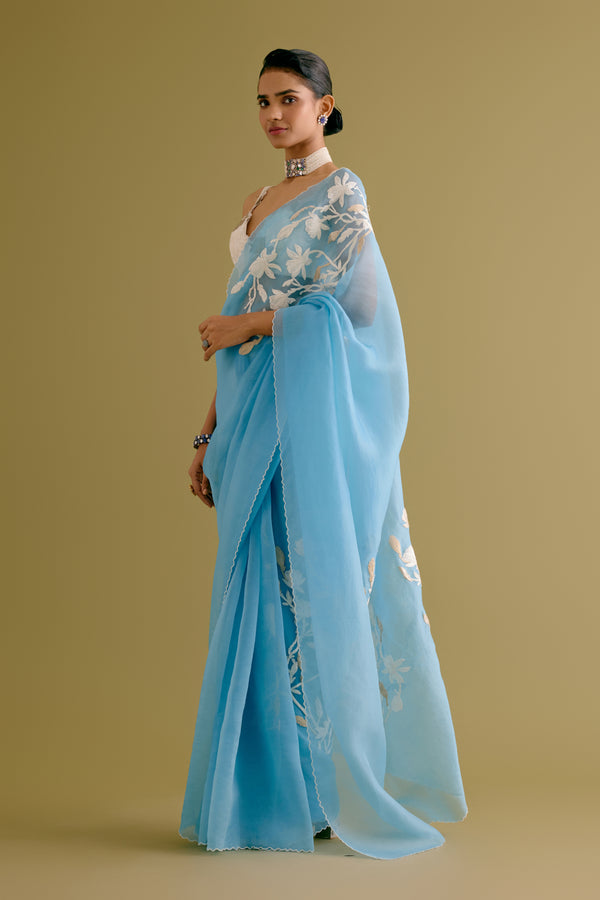 Sky Blue Embroidered Silk Organza Saree