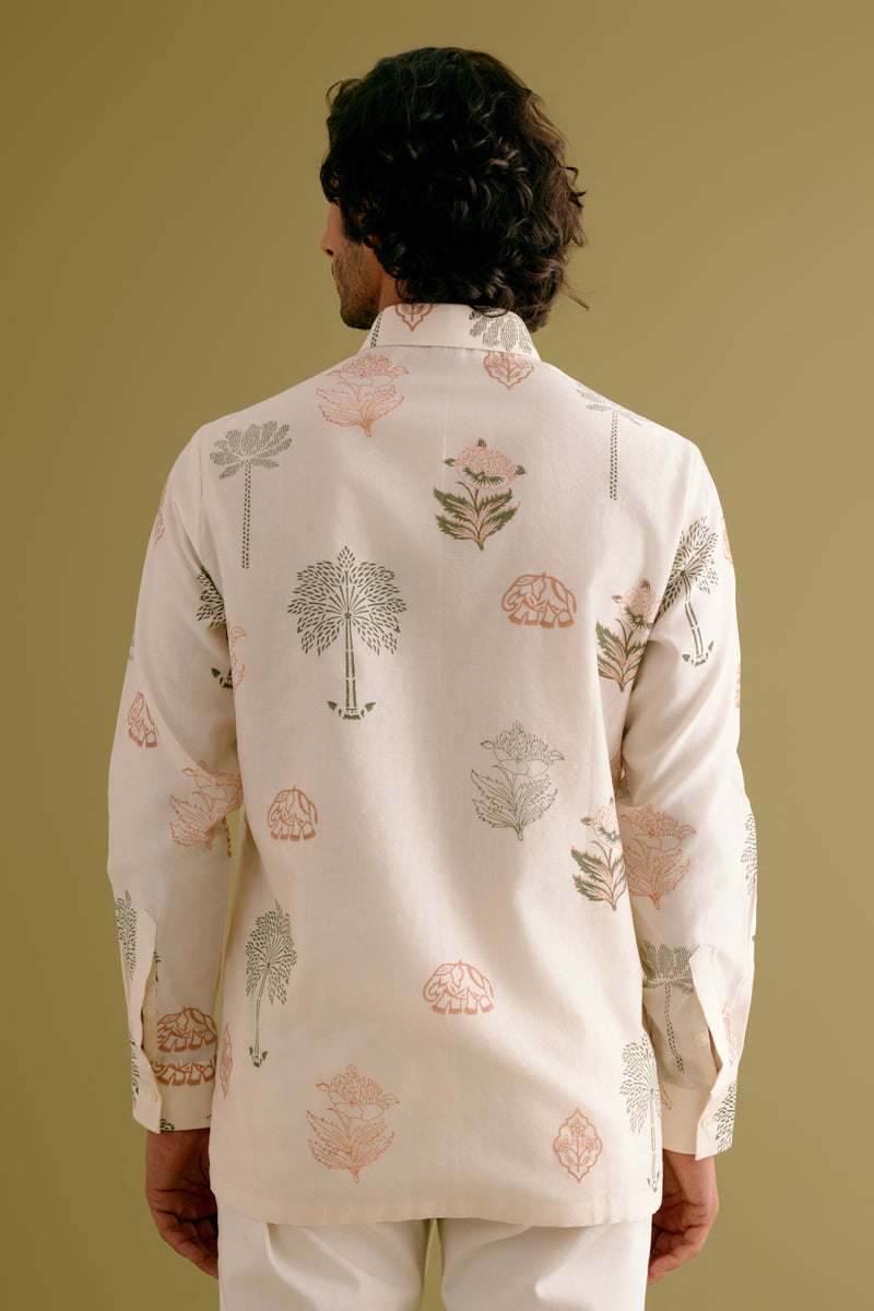 Ivory Jungle Theme Shirt and Salmon Pink Bundi Set