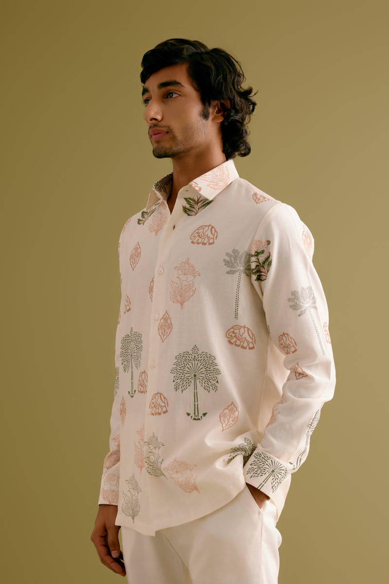 Ivory Jungle Theme Shirt and Salmon Pink Bundi Set