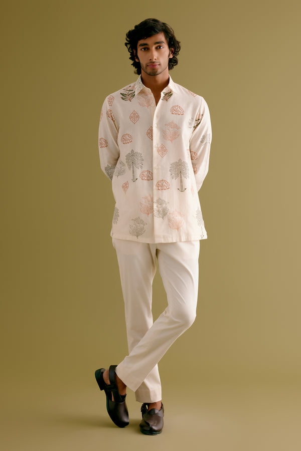 Ivory Jungle Theme Shirt and Salmon Pink Bundi Set