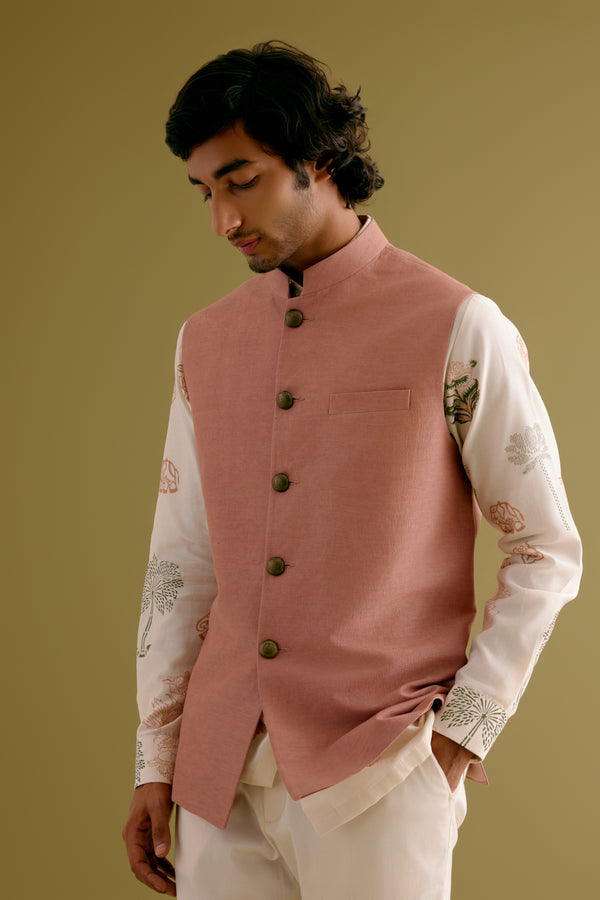 Ivory Jungle Theme Shirt and Salmon Pink Bundi Set