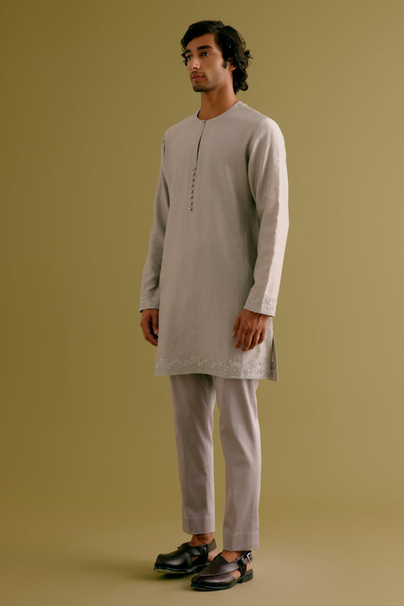 Grey Dori Embroidered Kurta and Bundi Set