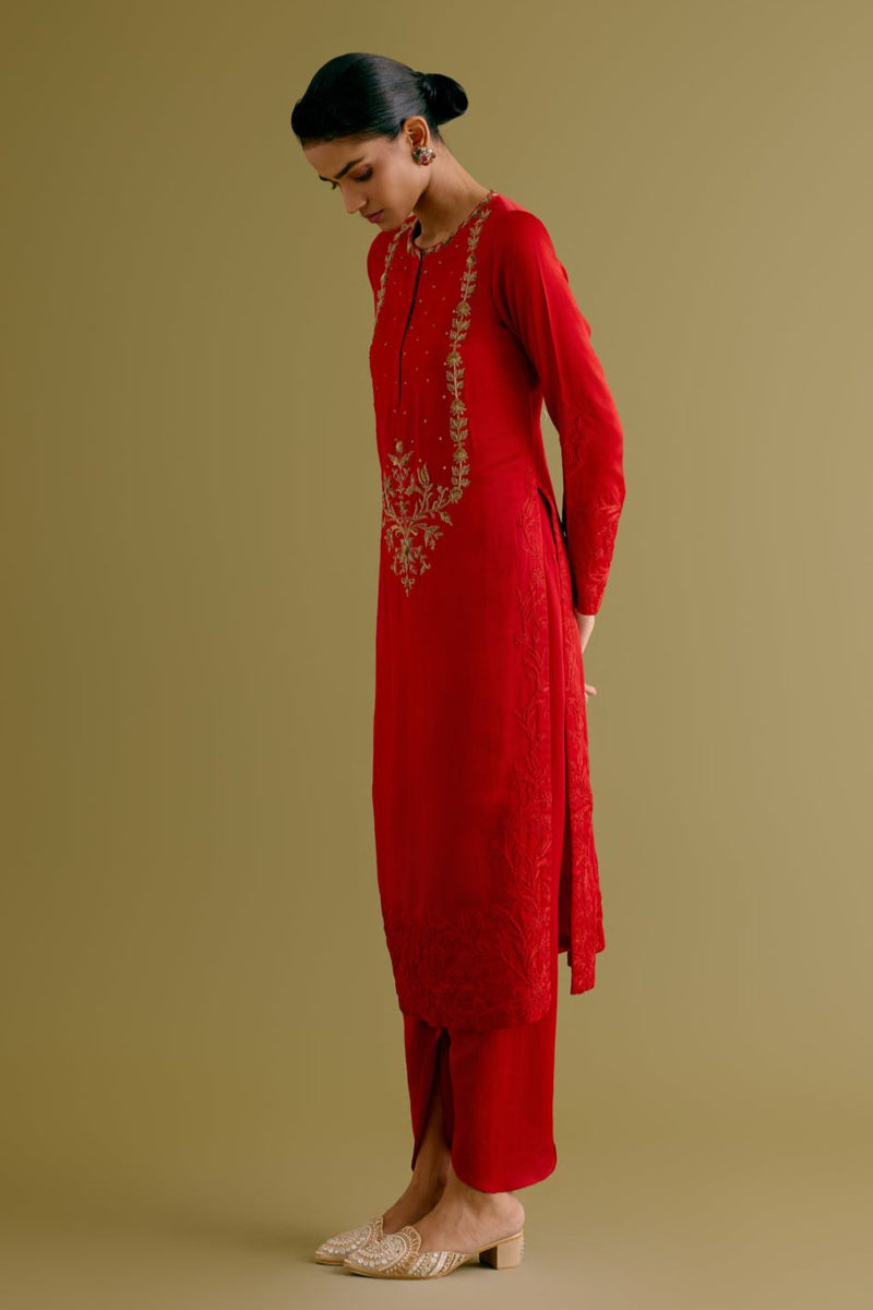 Ruby Red Dori and Sequins Embroidered Kurta and Dhoti Set