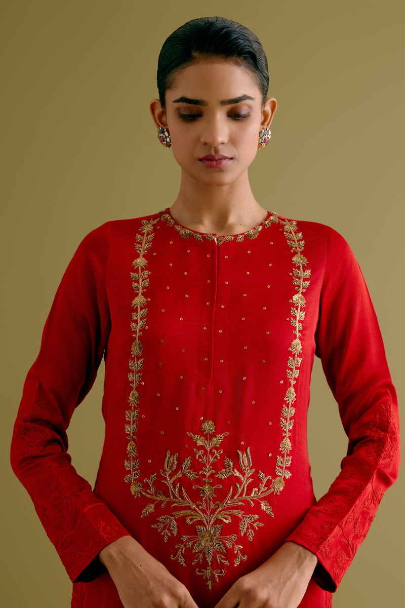 Ruby Red Dori and Sequins Embroidered Kurta and Dhoti Set