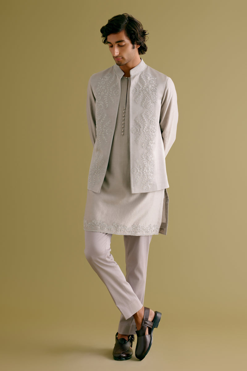 Grey Dori Embroidered Kurta and Bundi Set