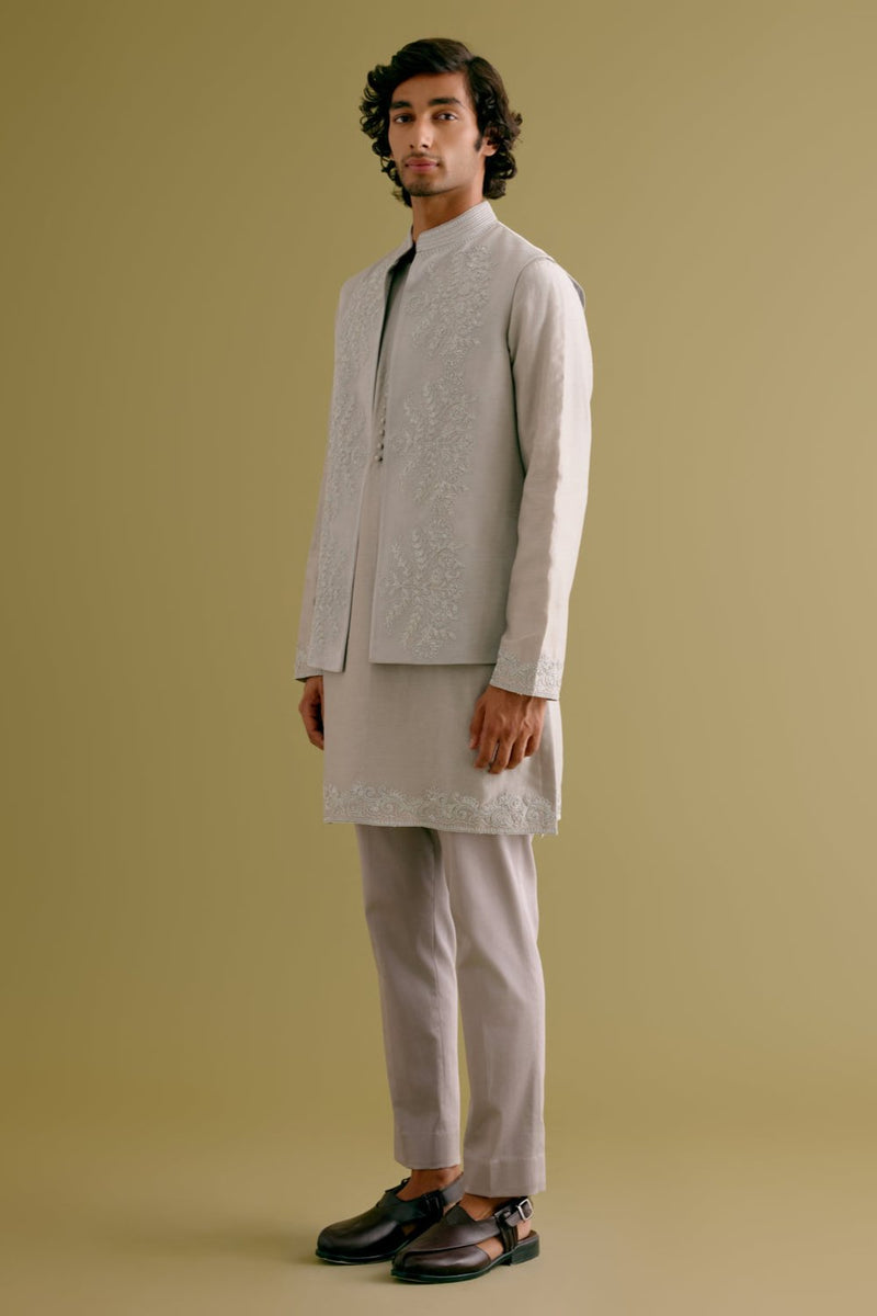 Grey Dori Embroidered Kurta and Bundi Set