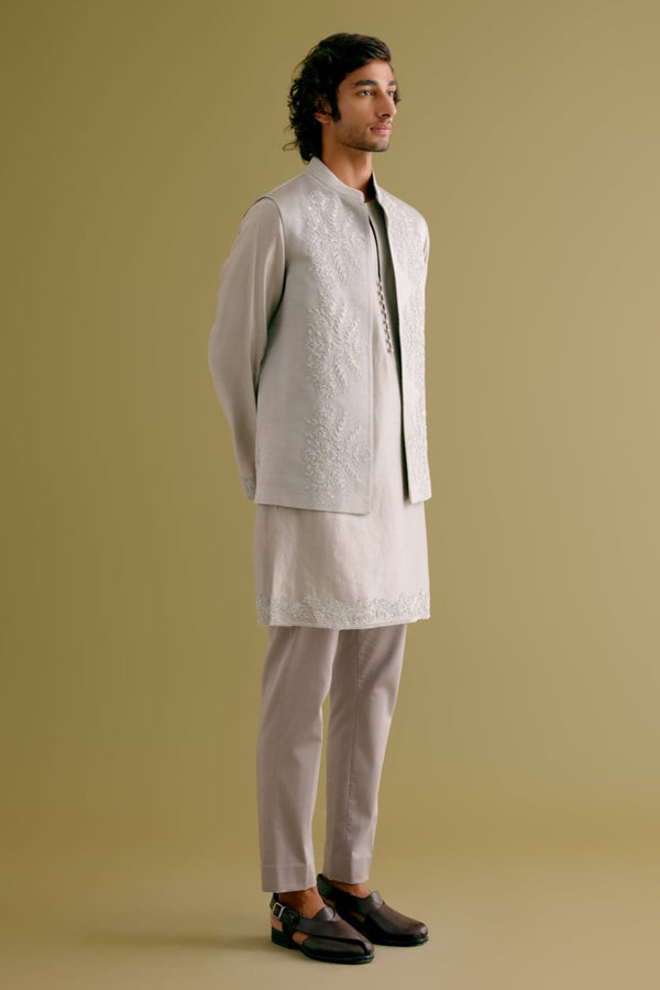 Grey Dori Embroidered Kurta and Bundi Set