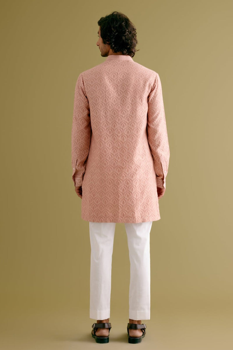 Blush Pink Woven Kurta Set with Dori Embroidered Bundi