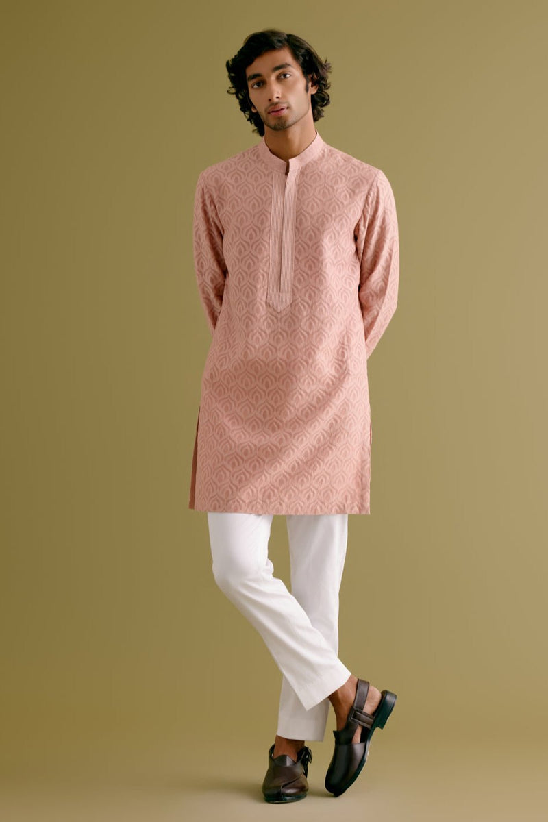 Blush Pink Woven Kurta Set with Dori Embroidered Bundi