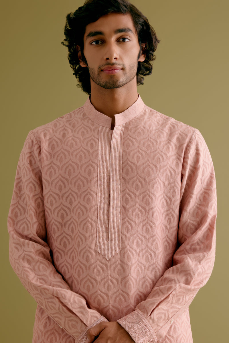 Blush Pink Woven Kurta Set with Dori Embroidered Bundi